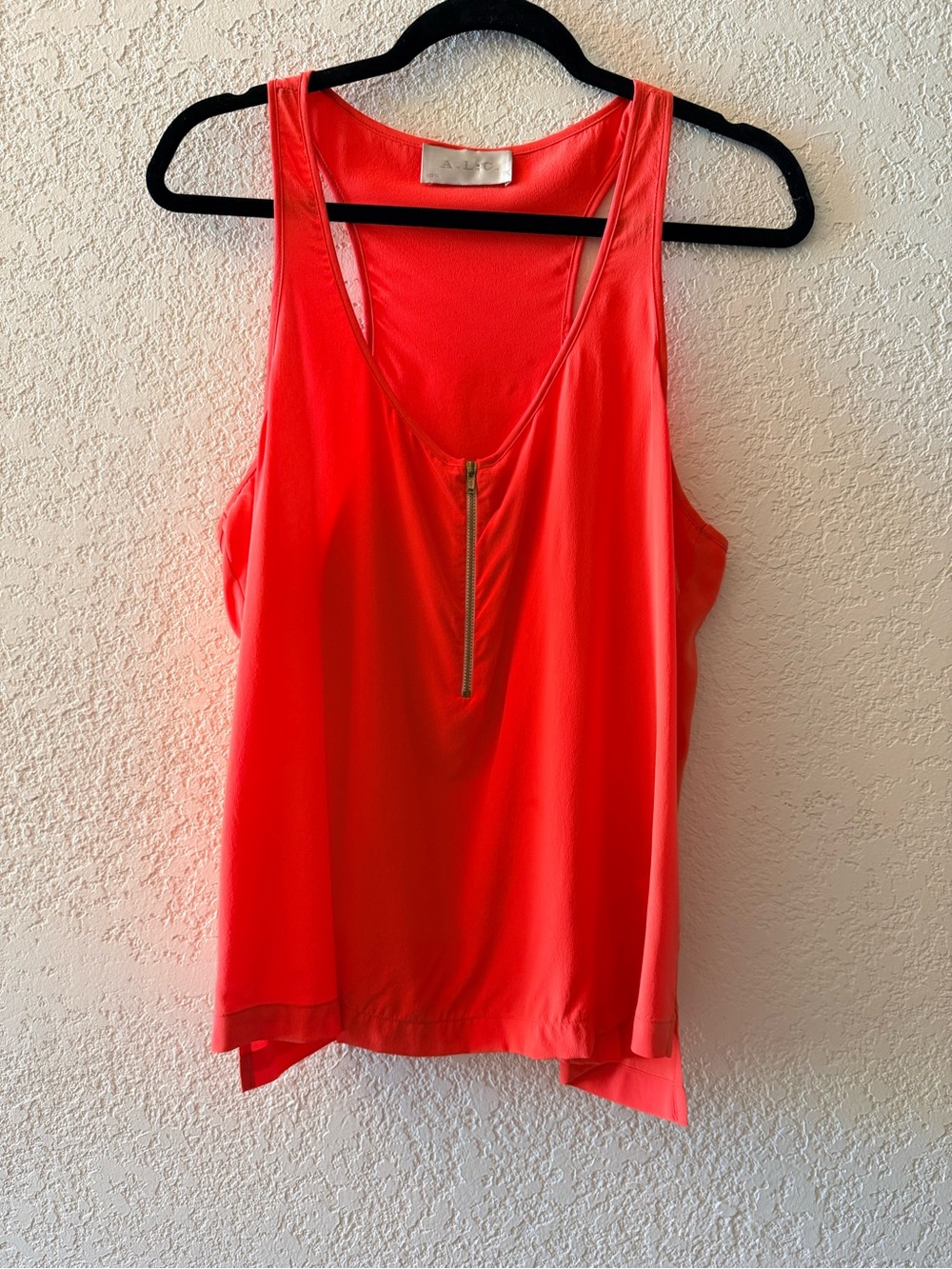 A.L.C Elle Neon Orange 100% Silk Zipper Front Racerback Women’s Tank Top Size L